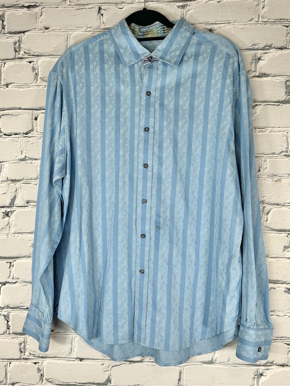 Robert Graham Shirt 2XL Button-Up Long Sleeve Blue Stripe Cotton Paisley Floral